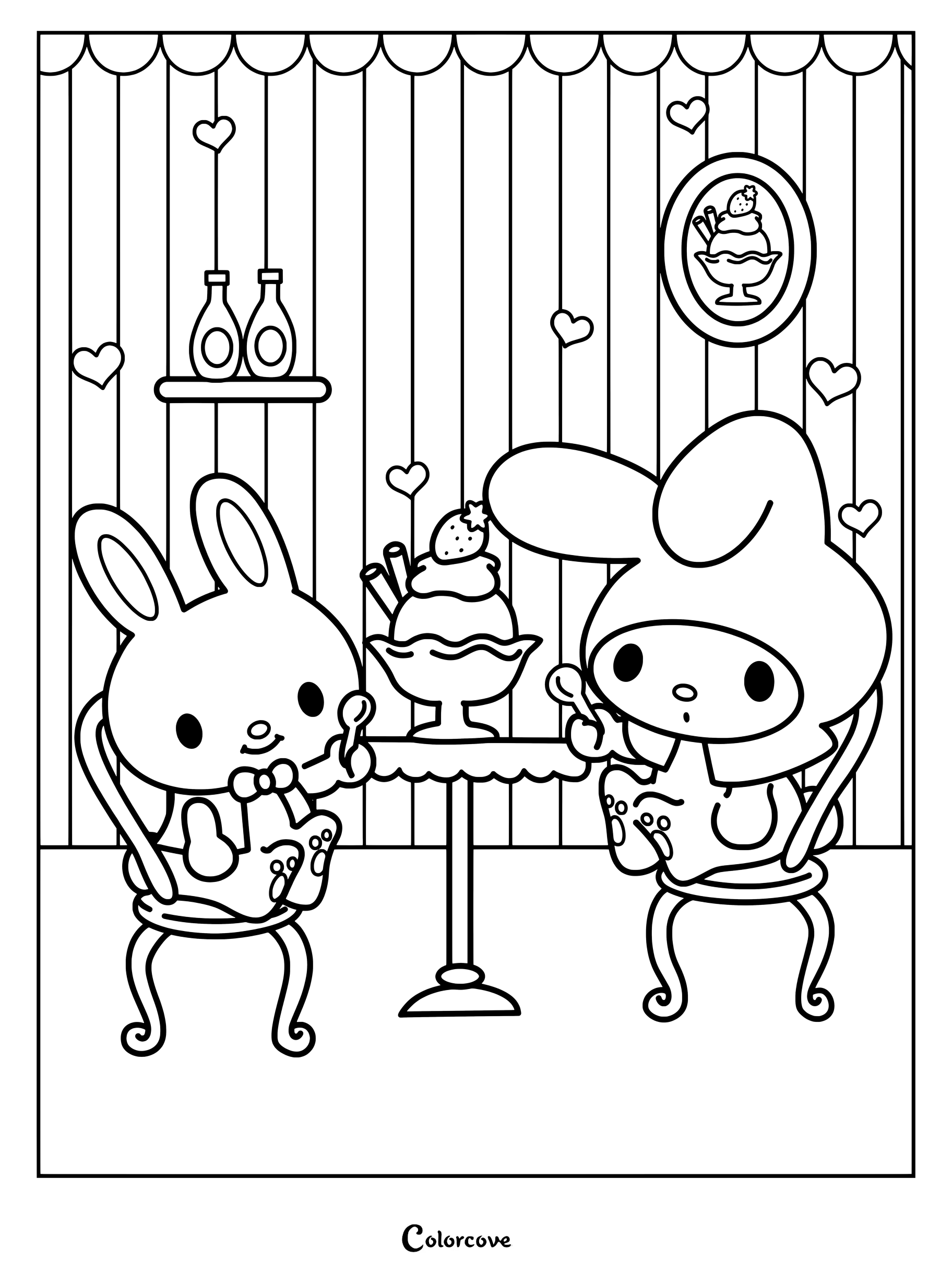 Dibujo para colorear de My Melody y su hermano pequeño Rhythm disfrutando juntos de un dulce en una mesa.