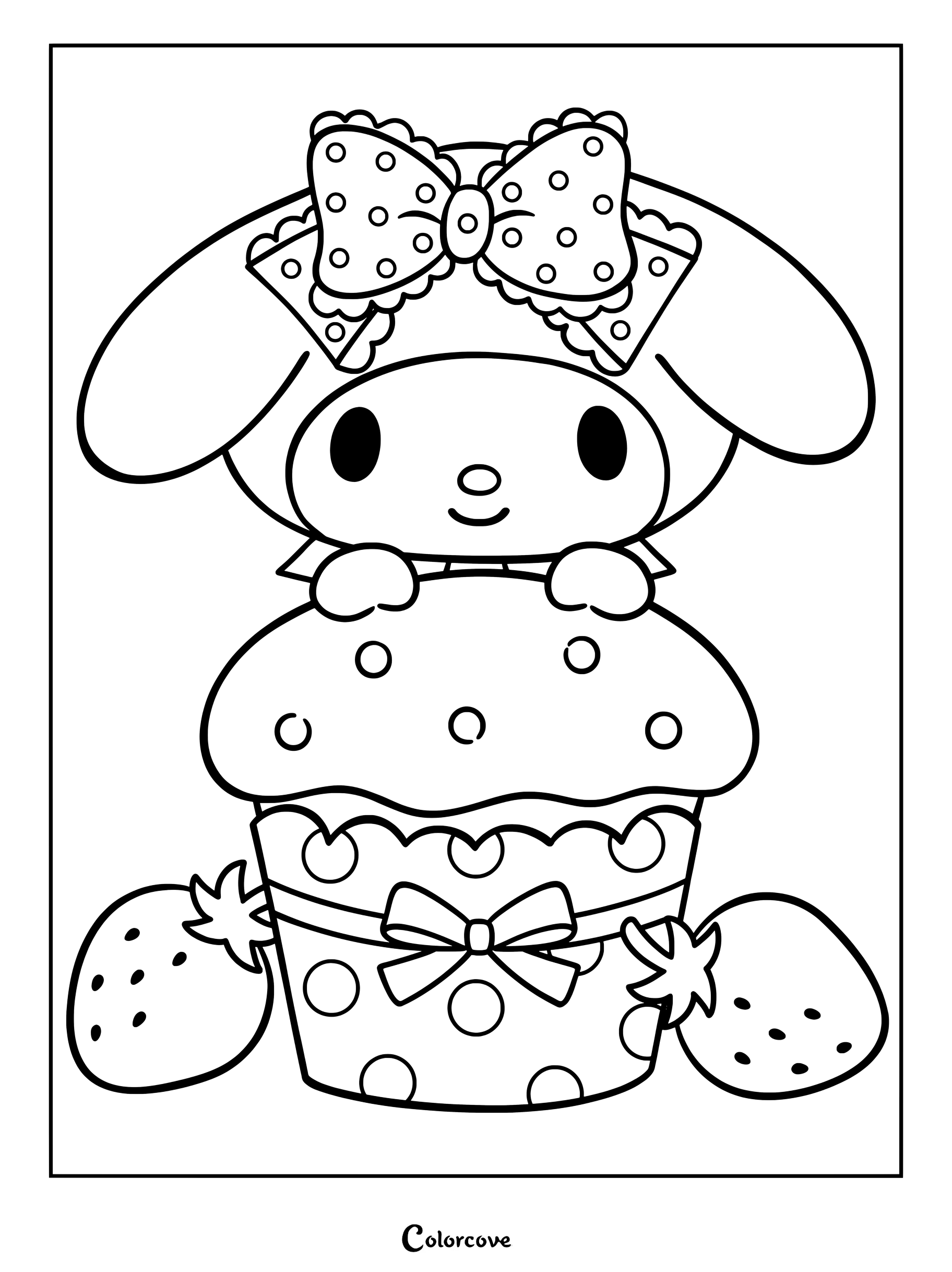 Dibujo para colorear de My Melody asomándose detrás de una magdalena con glaseado flanqueada por dos fresas.