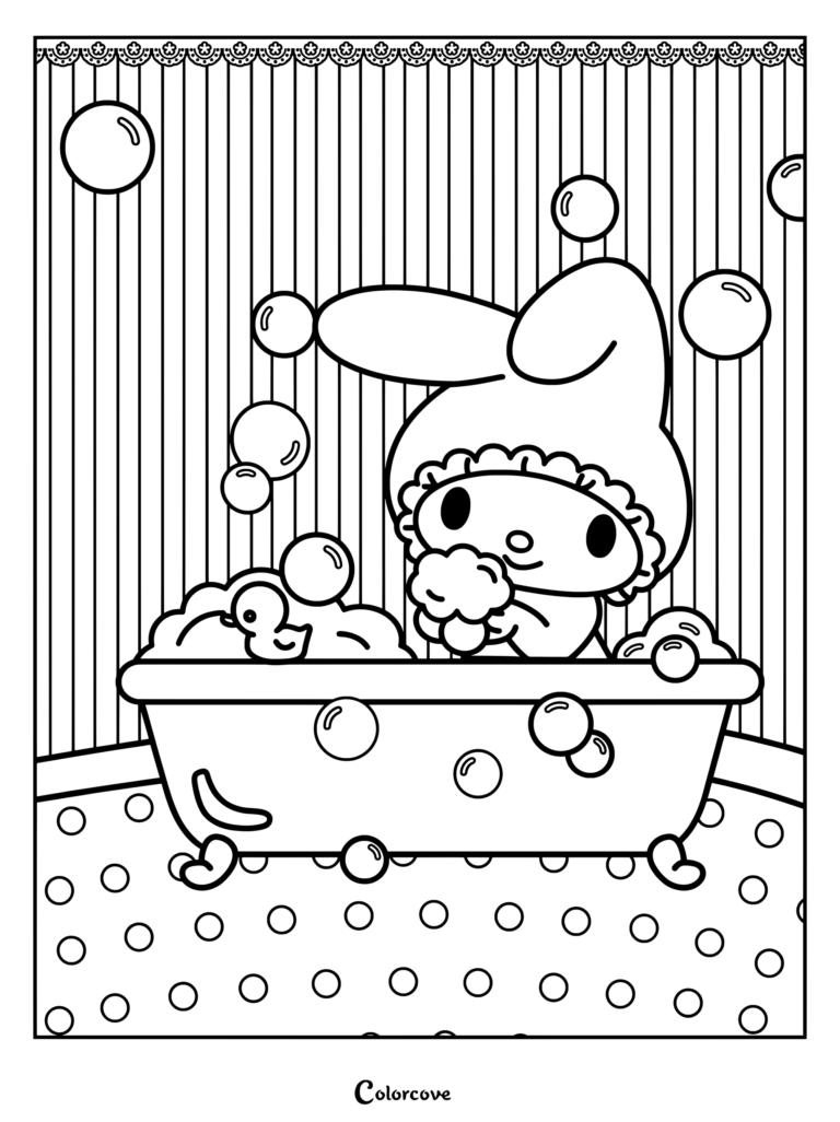 Dibujo para colorear de My Melody dándose un baño de burbujas en una bañera rosa con un pequeño patito de goma amarillo.