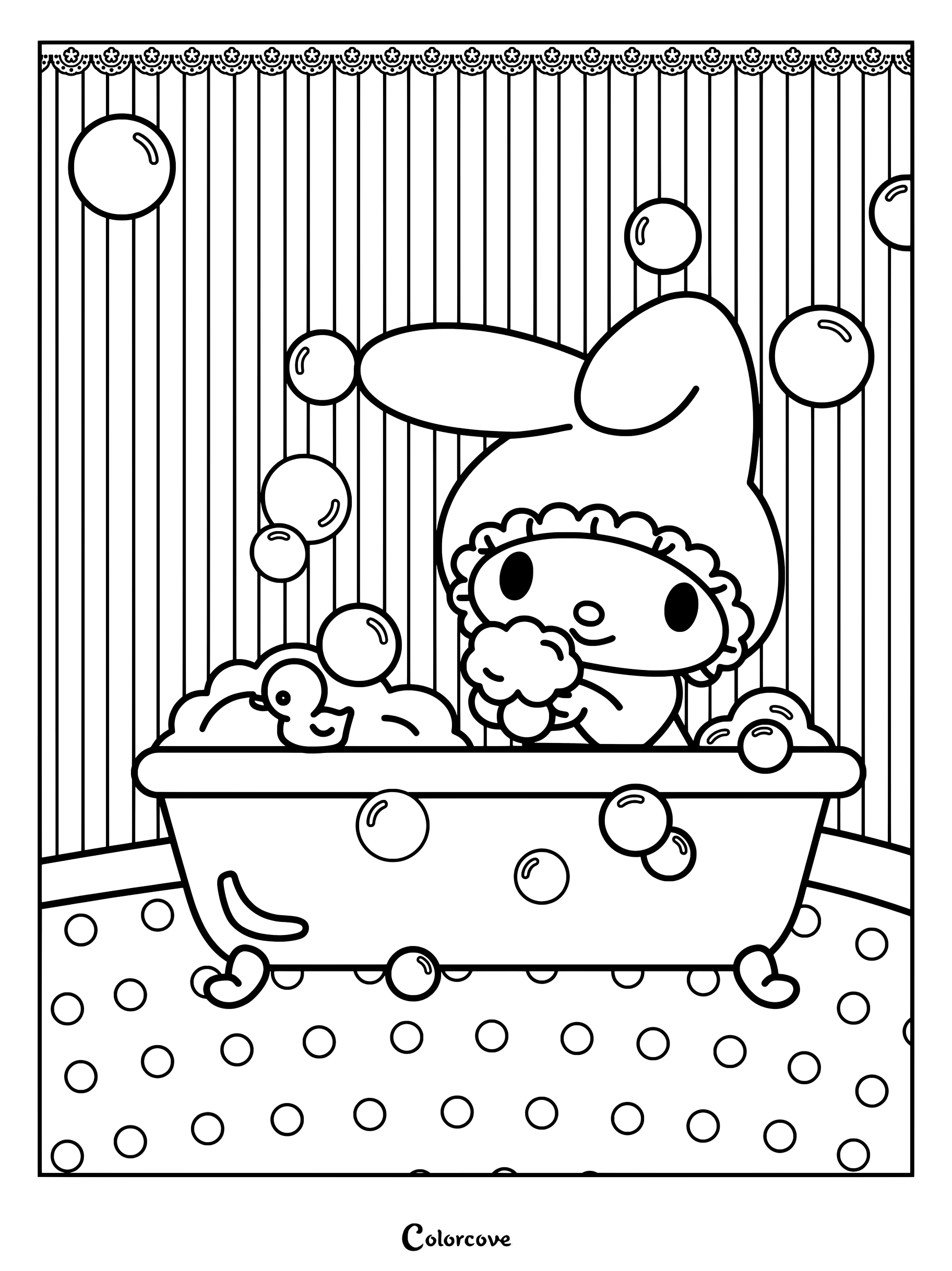 Dibujo para colorear de My Melody dándose un baño de burbujas en una bañera rosa con un pequeño patito de goma amarillo.