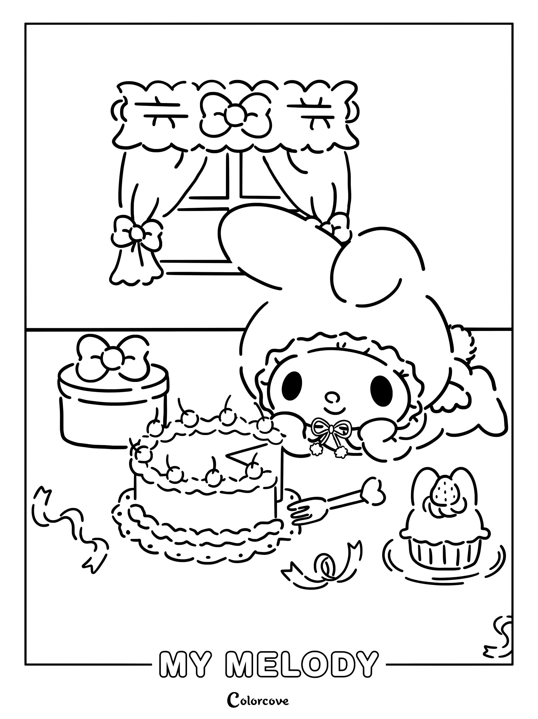 Dibujo para colorear de My Melody descansando cerca de una tarta de cumpleaños decorada y una magdalena.