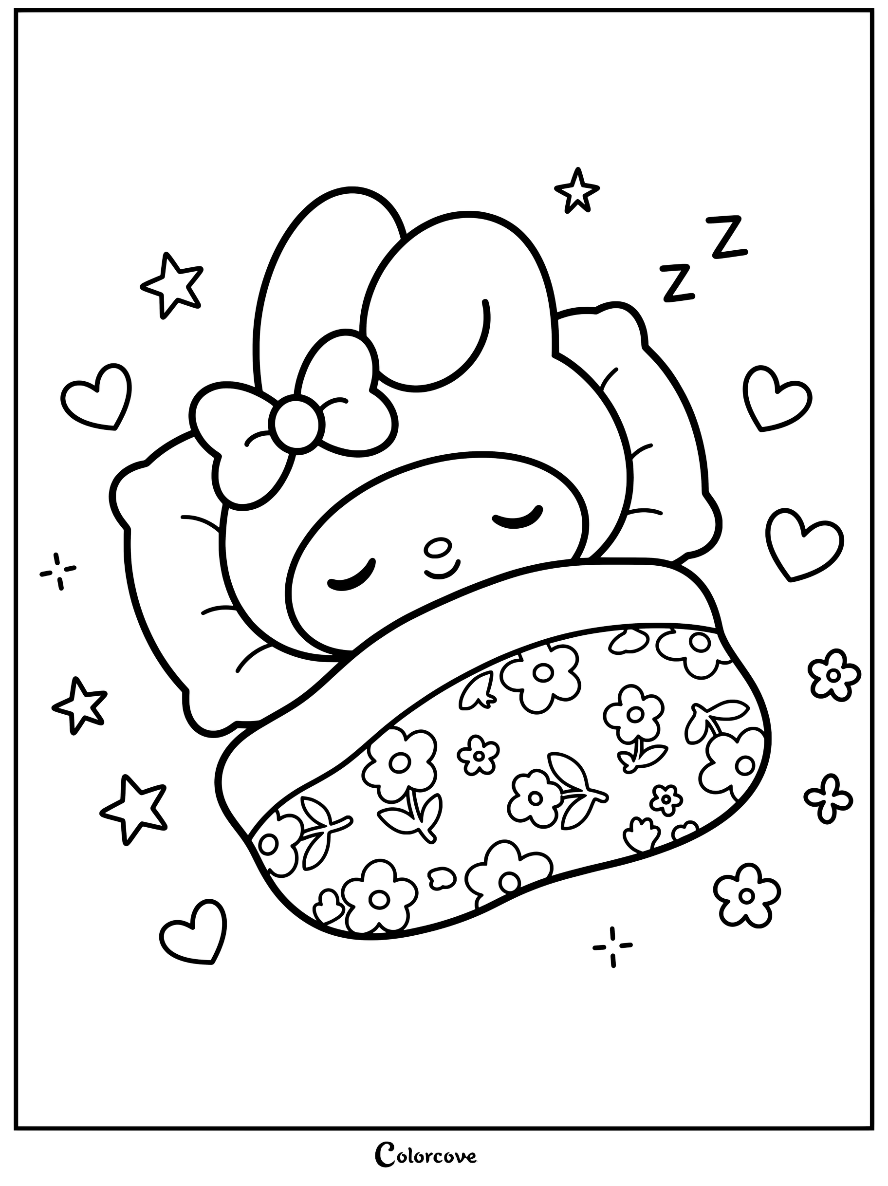 Dibujo para colorear de My Melody durmiendo plácidamente en la cama bajo una manta floral.