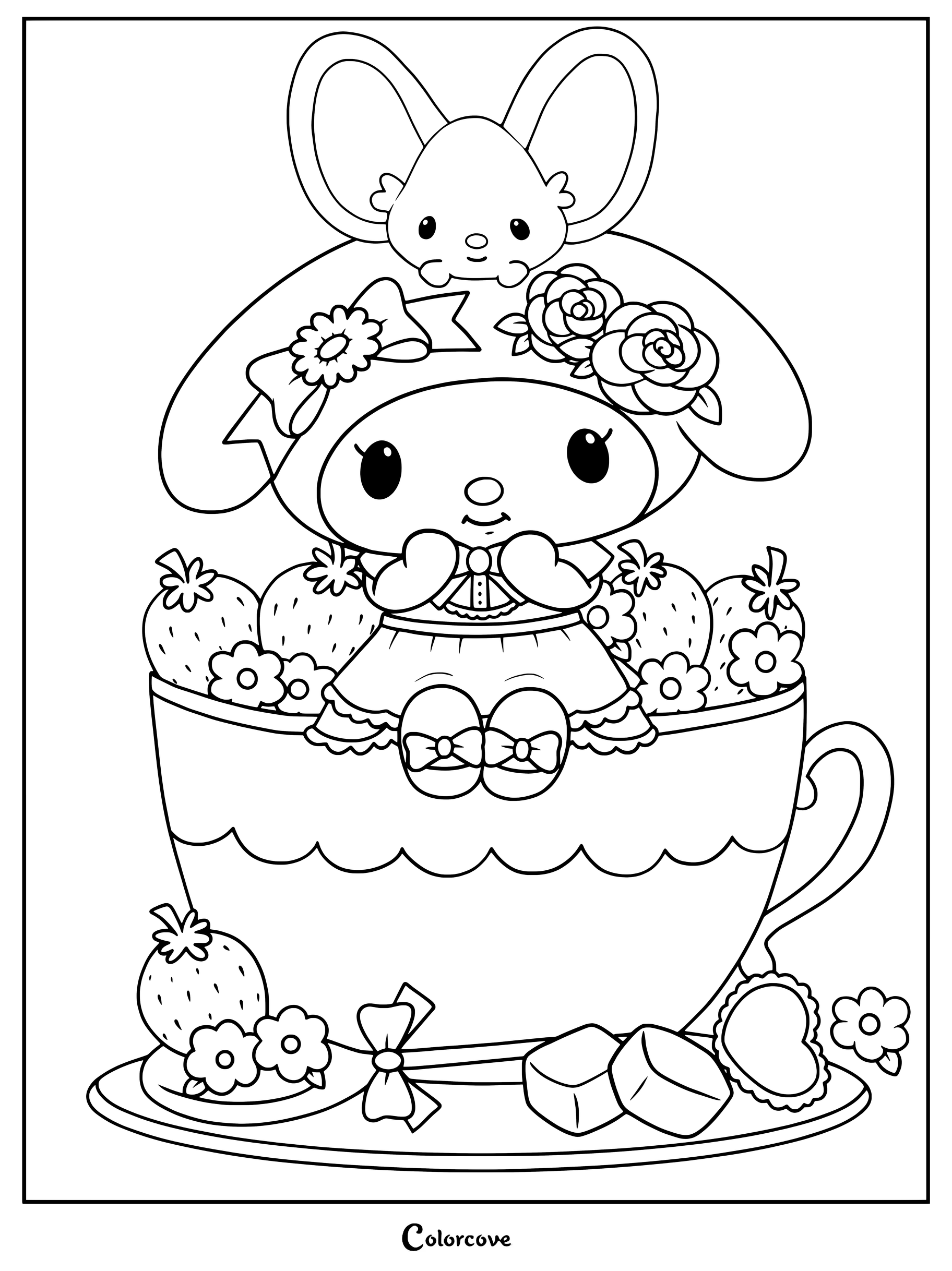 Dibujo para colorear del personaje de Sanrio My Melody sentada en una taza de té rodeada de fresas.