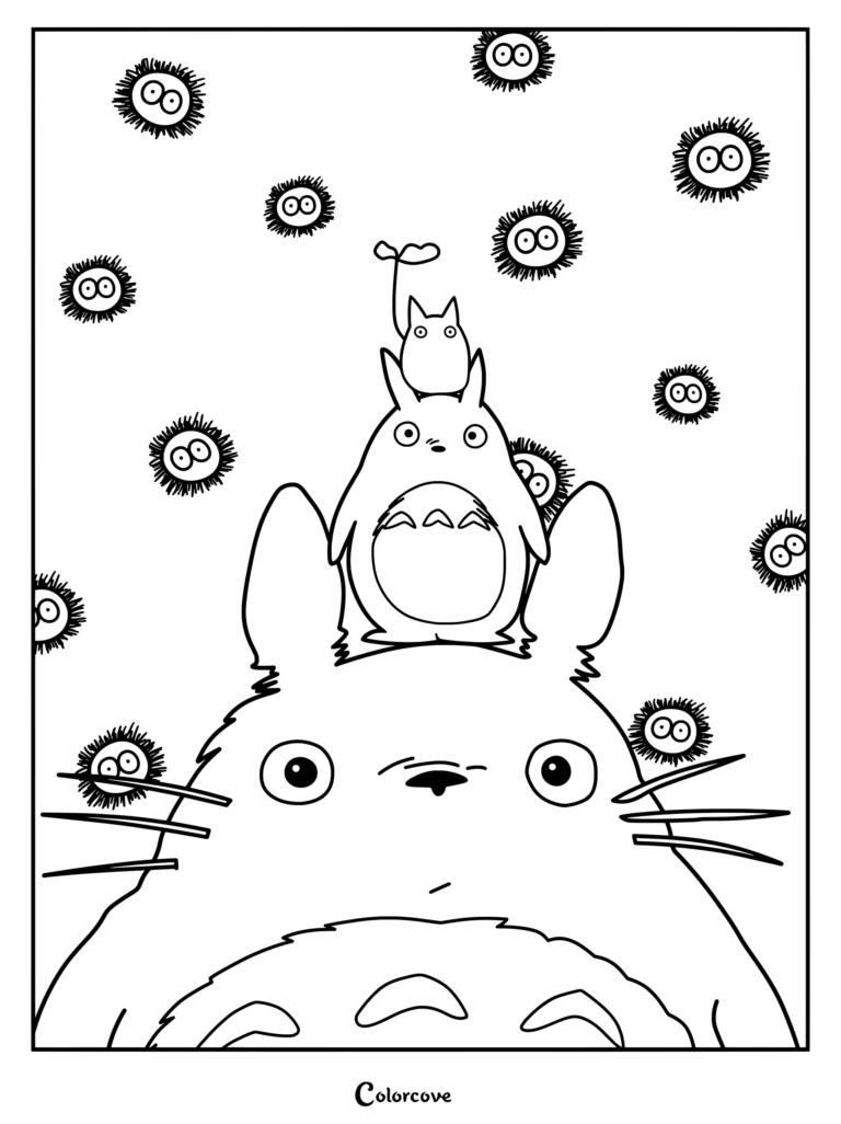 Gran Totoro, Totoro Mediano y Pequeño Totoro Blanco apilados uno encima del otro contra un fondo azul claro lleno de duendes del polvo (susuwatari), inspirados en la película Mi Vecino Totoro de Studio Ghibli. Página para colorear