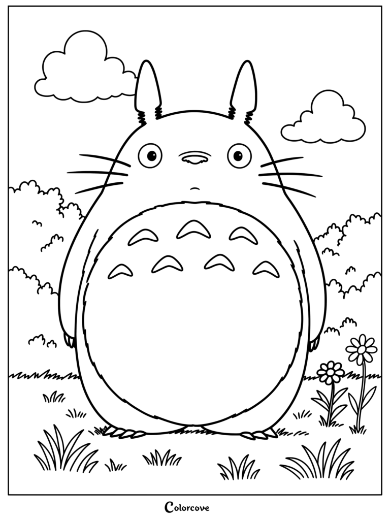 Página para colorear de Totoro con el amigable espíritu del bosque de pie en un campo de hierba con nubes y flores.