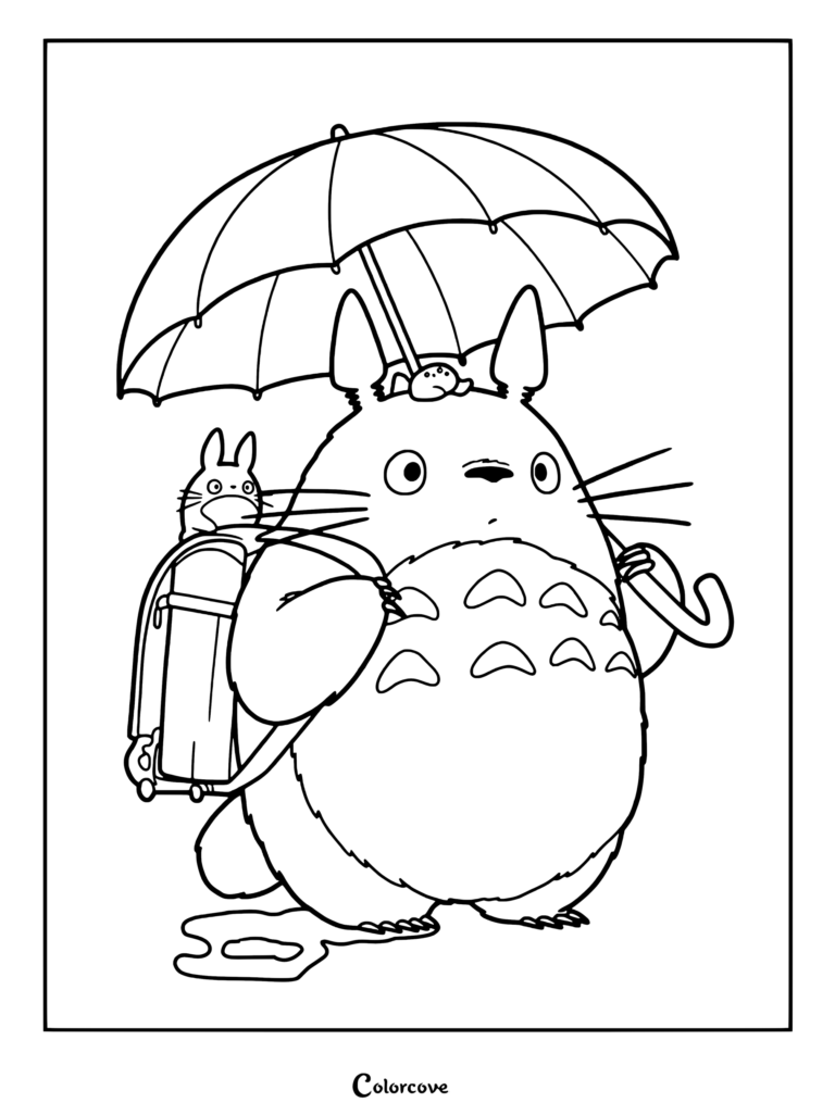 Linda página para colorear con ilustración estilo pegatina de Totoro de la película de Studio Ghibli Mi Vecino Totoro, sosteniendo un paraguas verde bajo la lluvia con un pequeño espíritu azul en su espalda.