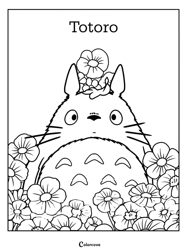 Página para colorear imprimible gratuita con Totoro de Mi Vecino Totoro rodeado de flores de cerezo y un pequeño brote verde en su cabeza.