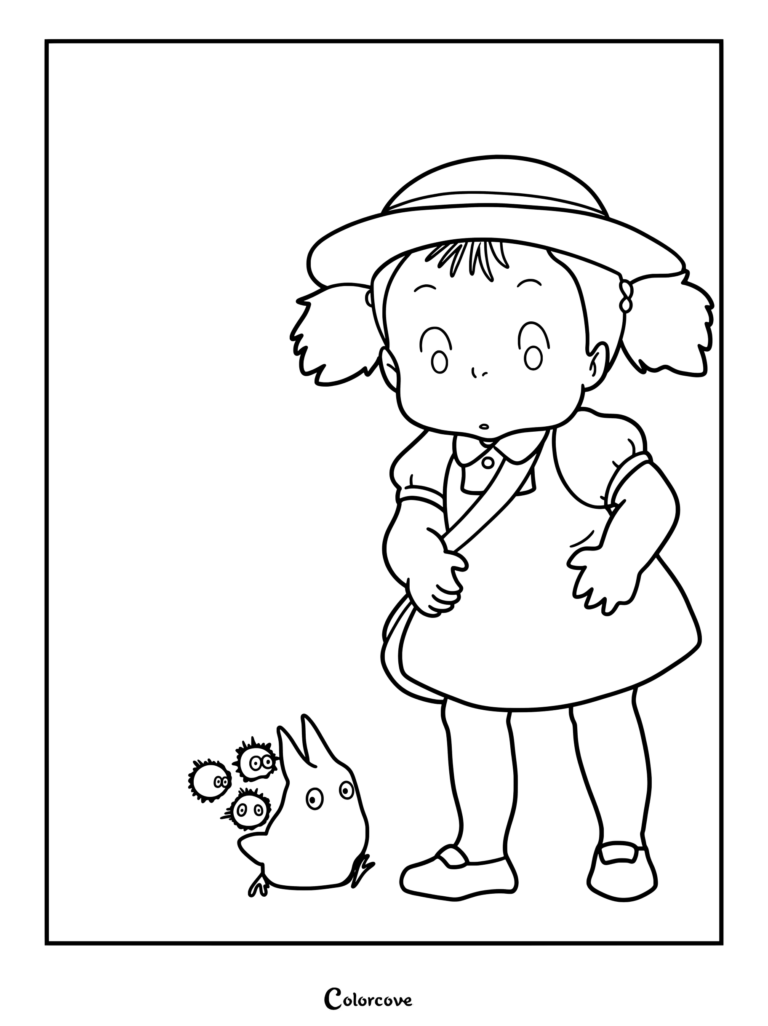 Una página para colorear imprimible de Mi Vecino Totoro con un dibujo de fan art de Mei Kusakabe y un pequeño Totoro blanco con duendes del polvo.