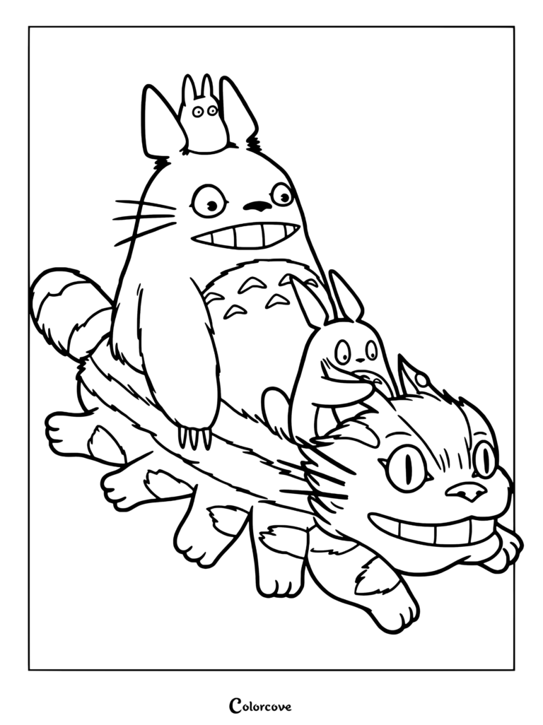 Una página para colorear con el Gran Totoro, el Totoro Mediano, el Pequeño Totoro Blanco y una criatura azul parecida a un conejo montados encima del Gatobús de Mi Vecino Totoro.