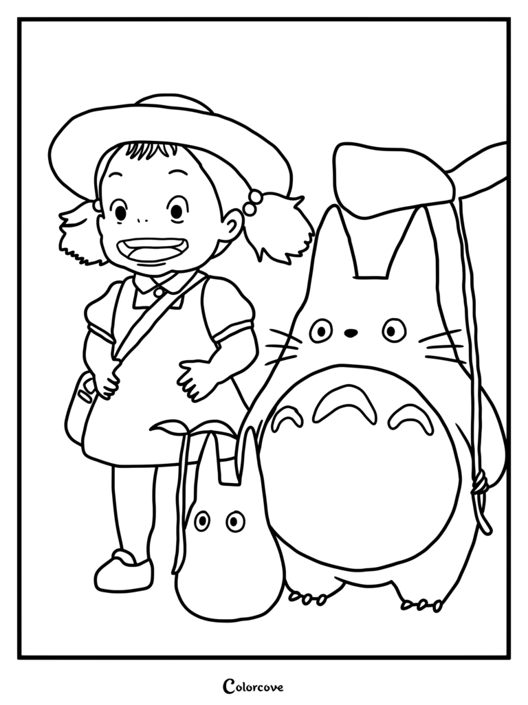 Una página para colorear que muestra una ilustración de Mei Kusakabe junto a un Totoro azul y un pequeño Totoro blanco de la película animada Mi Vecino Totoro.