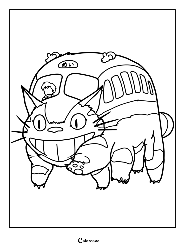 Página para colorear gratuita e imprimible del Gatobús con el personaje mágico de autobús con múltiples patas en forma de gato de la película animada de Studio Ghibli Mi Vecino Totoro.