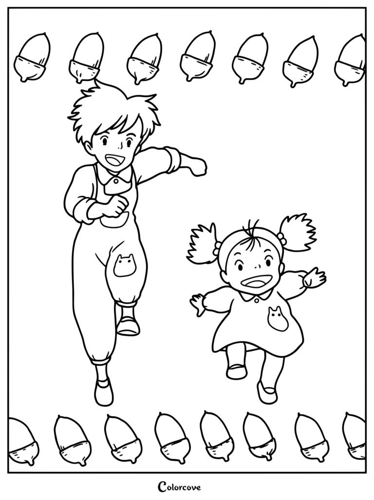 Página para colorear imprimible de Satsuki Kusakabe y Mei Kusakabe corriendo de los créditos finales de la película de Studio Ghibli Mi Vecino Totoro, rodeadas de bellotas.
