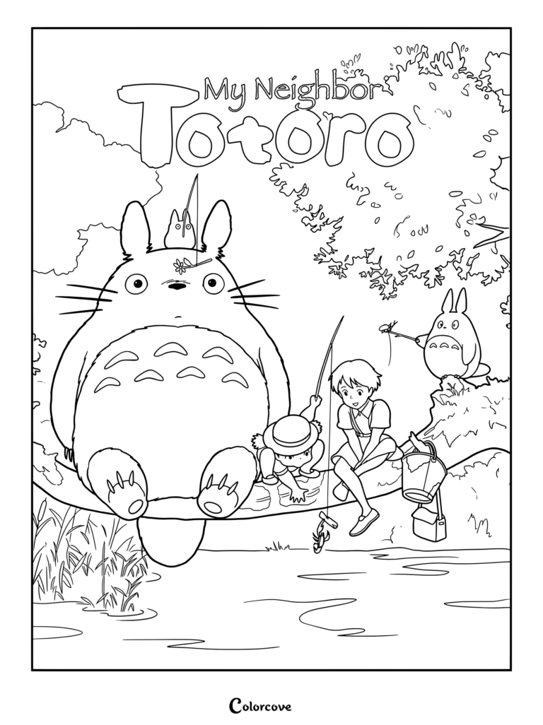 Página para colorear imprimible de Mi Vecino Totoro con el arte del póster promocional oficial de Totoro, Mei y Satsuki pescando junto a un río, con el Chibi-Totoro sosteniendo una caña de pescar en la cabeza de Totoro.