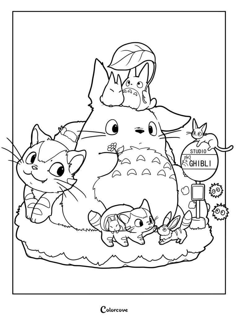 Página para colorear de Mi Vecino Totoro con ilustraciones estilo acuarela de personajes de la película de Studio Ghibli, que incluyen a Totoro sosteniendo una flor, el gatobús, duendes del polvo y una señal de parada de autobús de Studio Ghibli.