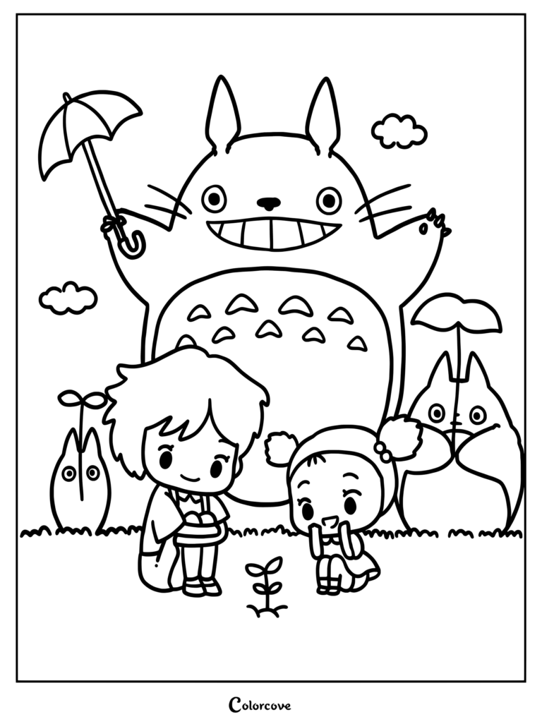 Una linda página para colorear de estilo chibi de Mi Vecino Totoro con Totoro sosteniendo un paraguas, Mei y Satsuki arrodilladas junto a un brote, y mini Totoros.