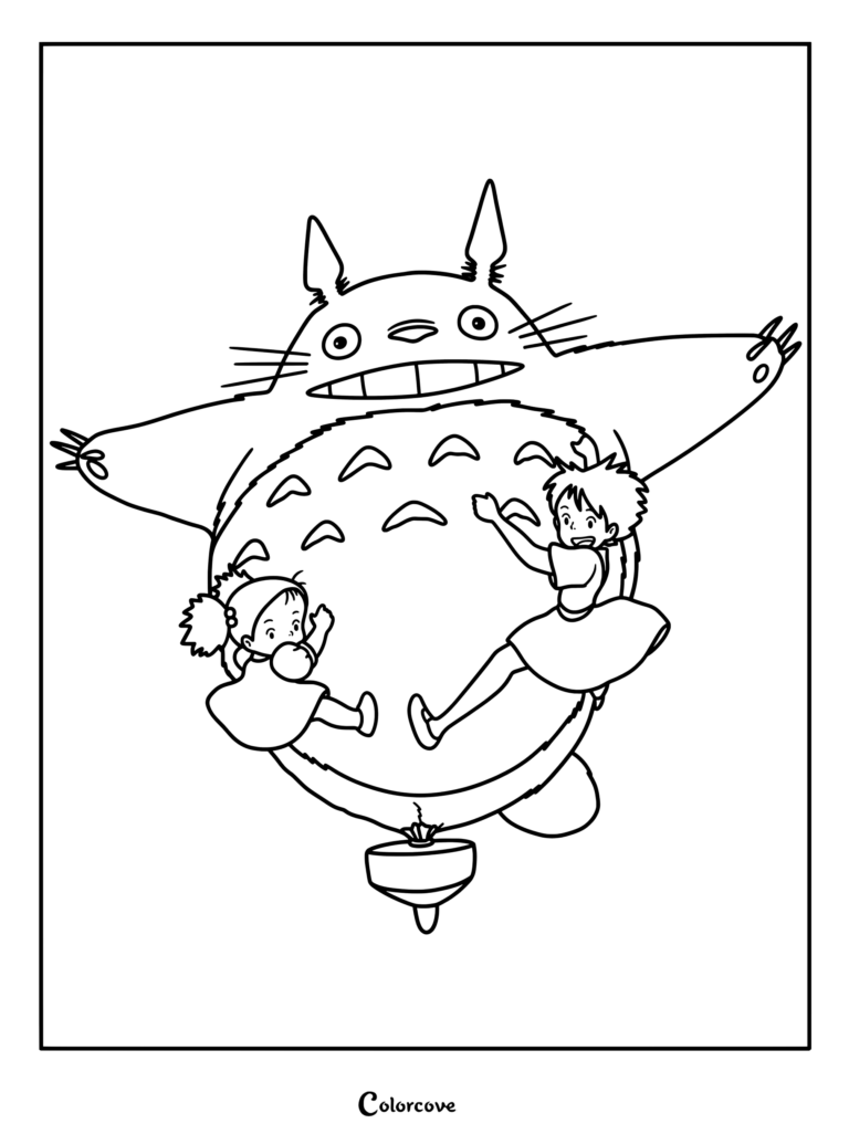 Un dibujo para colorear que muestra a Totoro junto a las hermanas Satsuki y Mei de la clásica película de anime de Studio Ghibli Mi Vecino Totoro (1988).