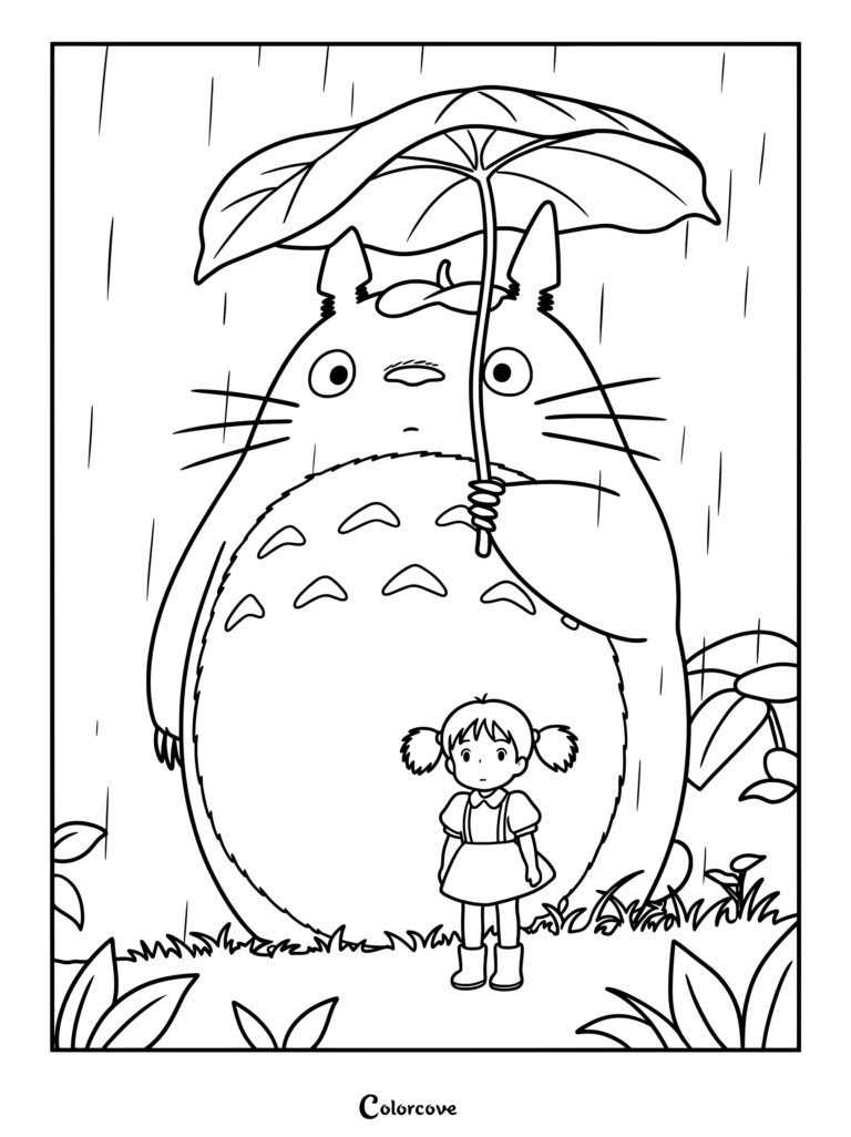Un dibujo imprimible para colorear que muestra a Totoro y a una niña pequeña que se parece a Mei de la clásica película de anime Mi Vecino Totoro de Studio Ghibli, de pie al aire libre bajo la lluvia con un paraguas de hoja.