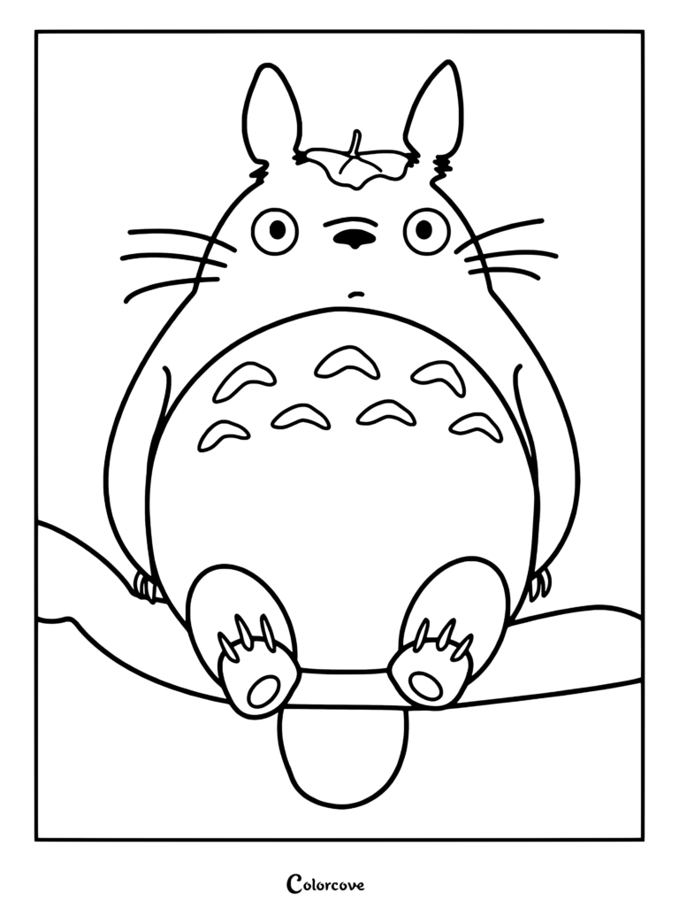 Página para colorear gratuita de Mi Vecino Totoro con Totoro sentado en la rama de un árbol.