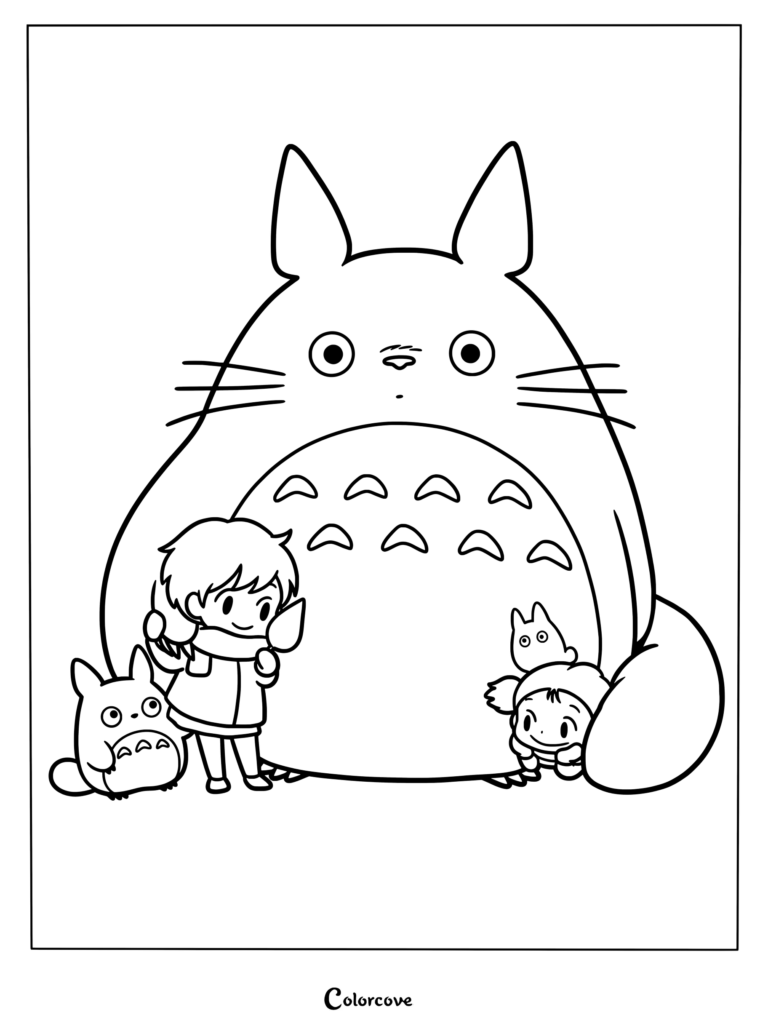 Página para colorear gratuita de Totoro, Mei y un Chibi-Totoro de Mi Vecino Totoro