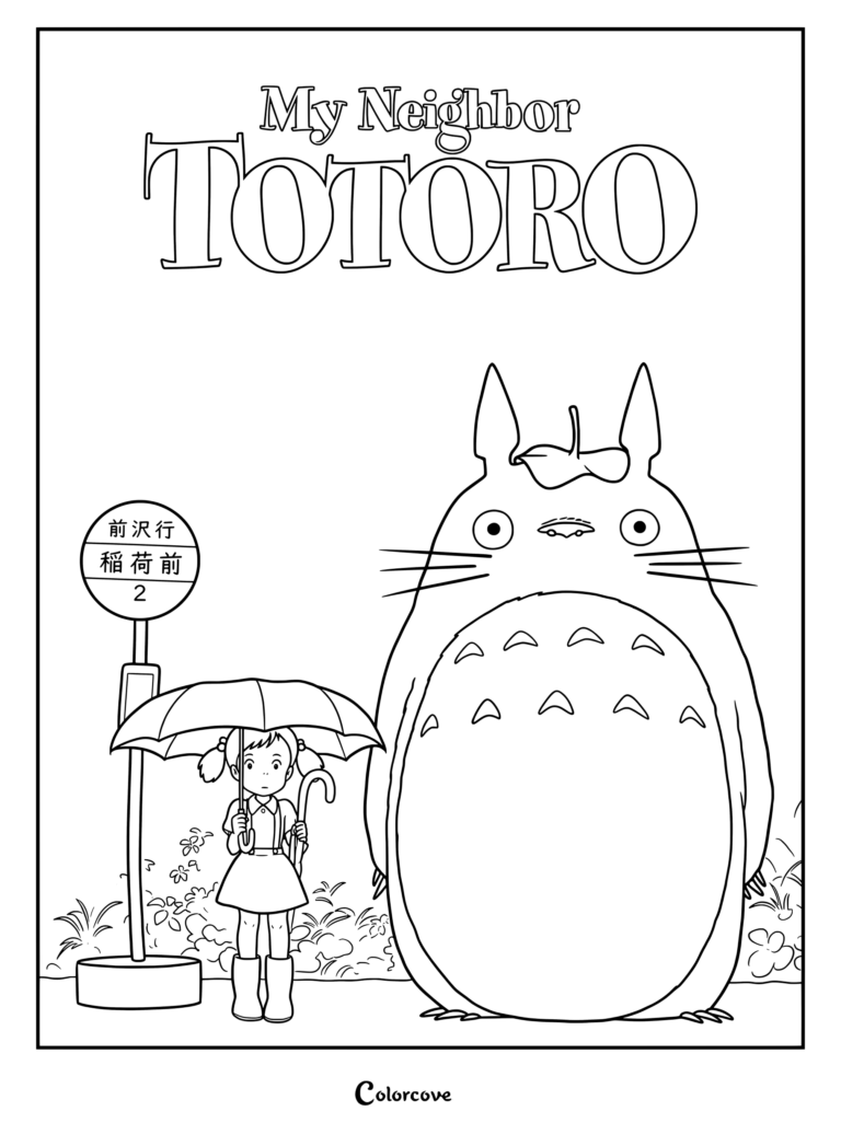 Mei de pie con un paraguas junto a Totoro y una señal de parada de autobús en este dibujo de Mi Vecino Totoro para colorear.