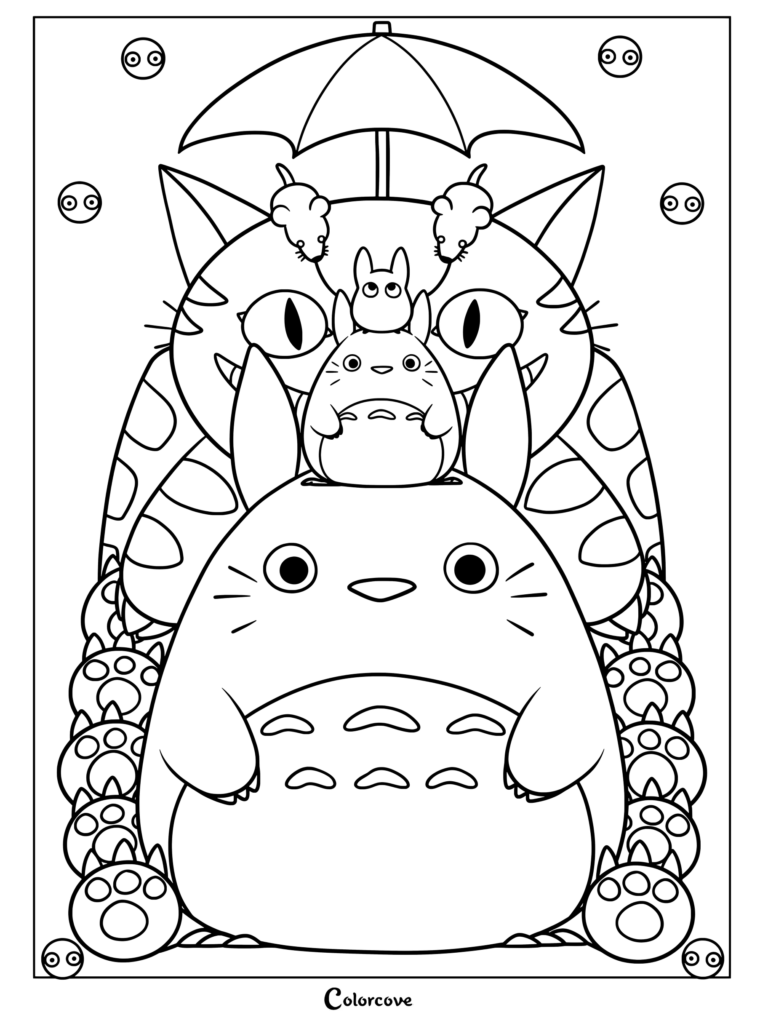 Página para colorear de Mi Vecino Totoro que incluye al Gran Totoro, el Totoro Mediano, un pequeño Totoro blanco (Chu-Totoro Chibi-Totoro) y el Gatobús acunándolos debajo de un paraguas