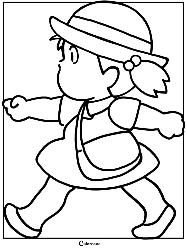Página para colorear de Mei caminando con una mochila escolar de Mi Vecino Totoro