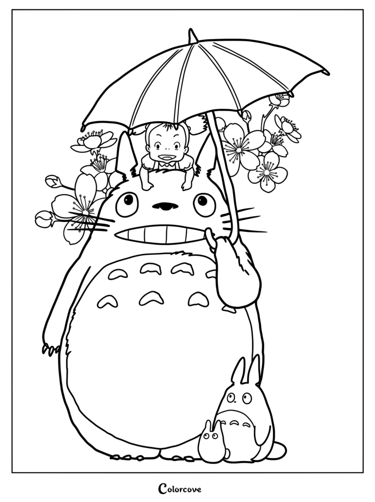 Dibujo de Mi Vecino Totoro para colorear que presenta a Mei sentada en su cabeza bajo un paraguas rodeada de cerezos en flor, junto al Chu-Totoro y al Chibi-Totoro.