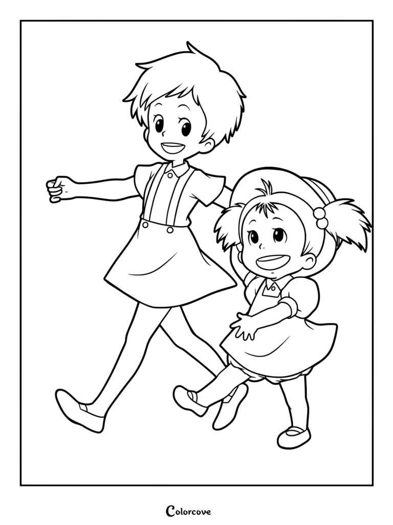Página para colorear imprimible de Satsuki y Mei Kusakabe de Mi Vecino Totoro caminando felices juntas.
