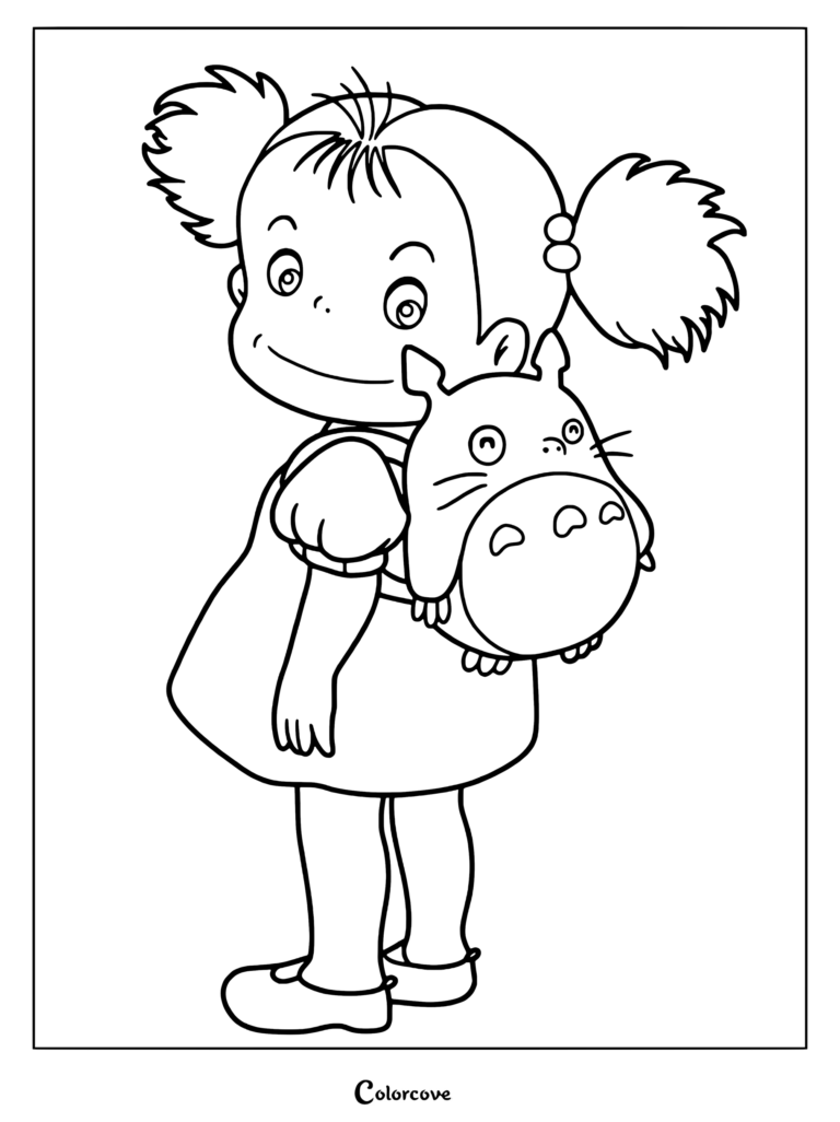 Página para colorear de Mei Kusakabe usando un vestido y llevando una pequeña mochila de Totoro de Mi Vecino Totoro