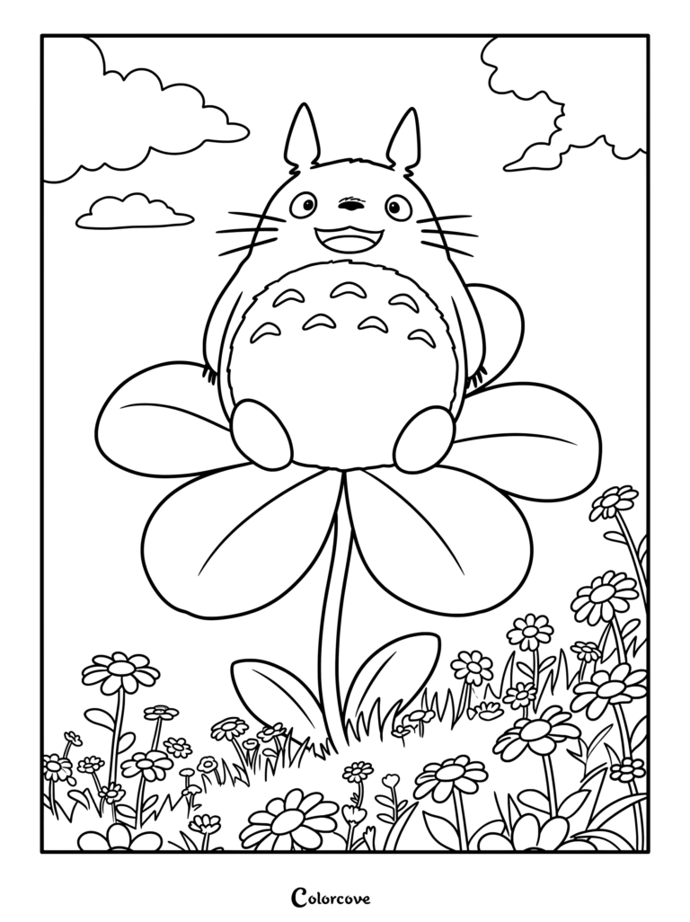 Página para colorear de Totoro de la película de Studio Ghibli Mi Vecino Totoro sentado encima de un gran trébol de cuatro hojas contra un cielo azul con margaritas blancas abajo