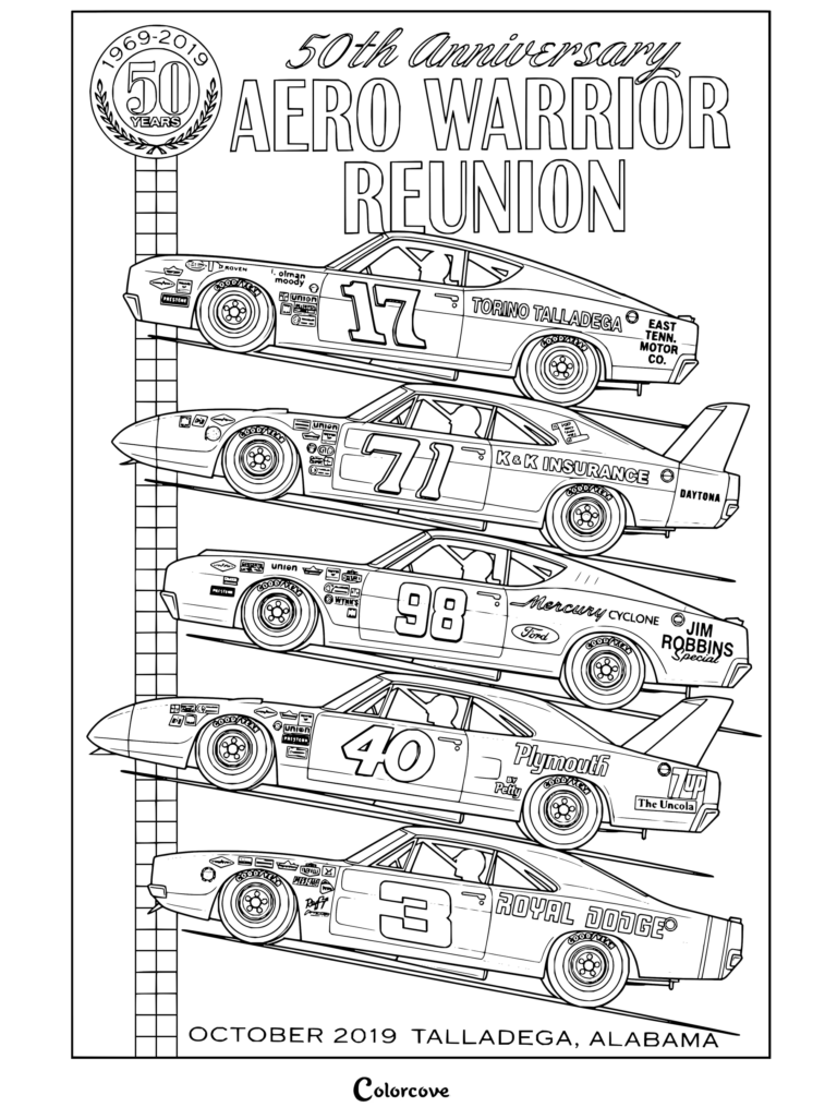 Dibujo para colorear del póster de NASCAR de la reunión del 50 aniversario de los Aero Warrior en Talladega, Alabama, con autos de carreras históricos con los números 17, 71, 98, 40 y 3.