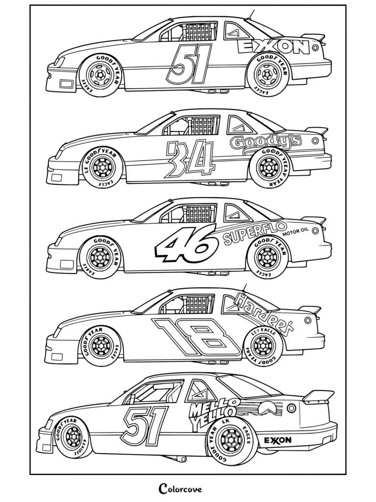 Dibujo para colorear imprimible que presenta una colección de autos de carreras de NASCAR de la película Días de trueno.