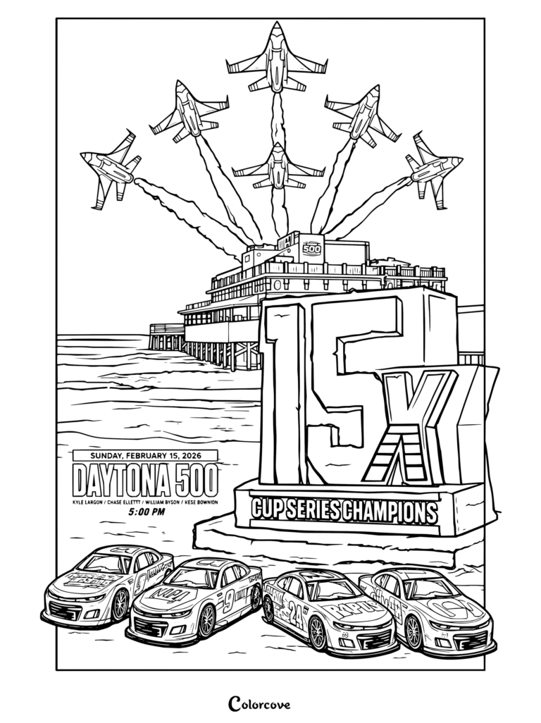 Dibujo para colorear de NASCAR que muestra el día de la carrera de las Daytona 500 con aviones sobrevolando una playa y una gran escultura de arena.