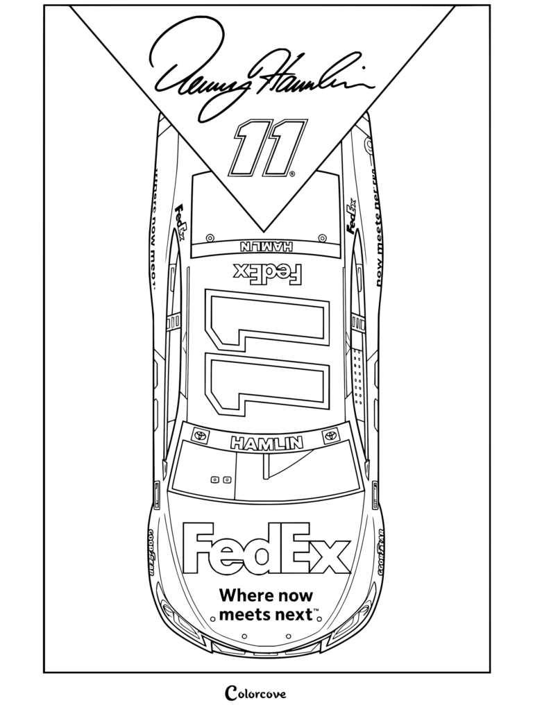 Dibujo para colorear con vista superior del auto de carreras de NASCAR FedEx número 11 de Denny Hamlin.