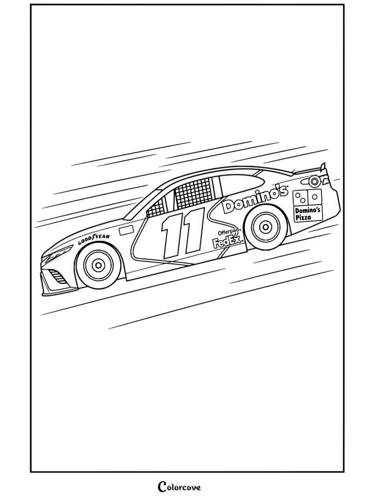 Dibujo para colorear del veloz auto de carreras de NASCAR número 11 de Domino's Pizza de Denny Hamlin.