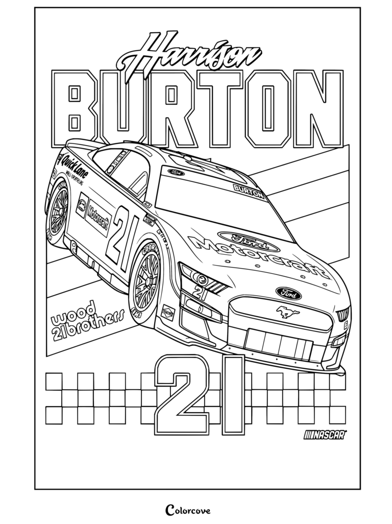 Dibujo para colorear terminado del Ford Mustang número 21 de Wood Brothers de Harrison Burton en NASCAR, destacando el icónico auto stock y la marca del piloto.
