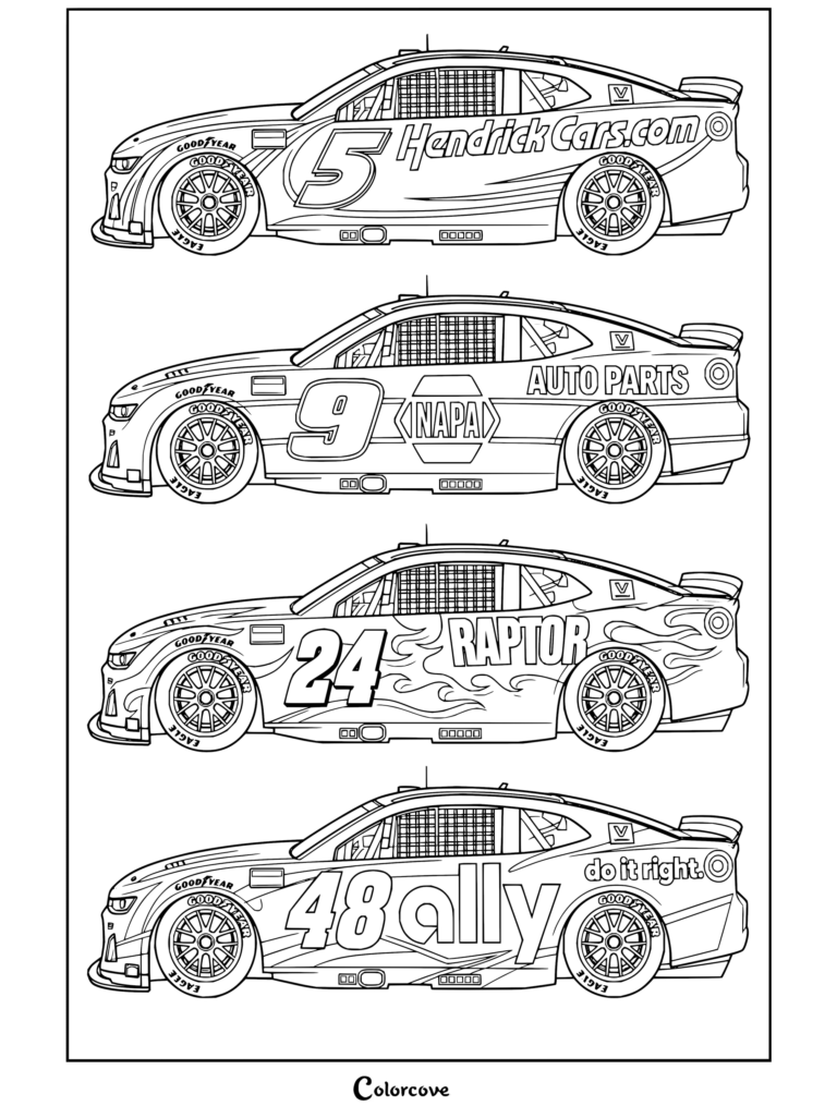 Dibujo para colorear imprimible de NASCAR con la alineación de diseños de pintura de Hendrick Motorsports en Daytona Speedway.
