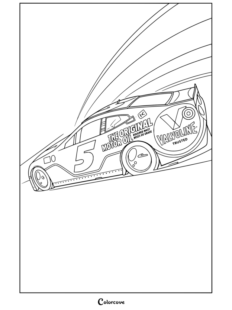Dibujo para colorear imprimible gratis de NASCAR con el diseño más reciente del auto de carreras de Larson con el patrocinio de Valvoline.