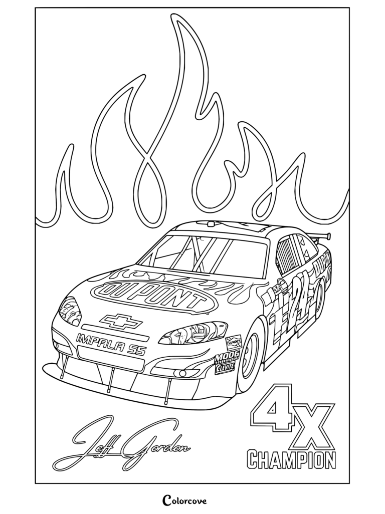 Dibujo para colorear imprimible del Chevrolet Impala SS de NASCAR de Jeff Gordon, 4 veces campeón, con detalles de llamas de fondo.