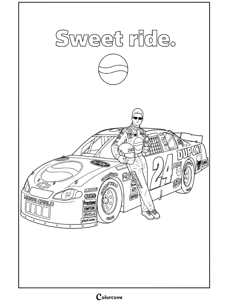 Dibujo para colorear de Jeff Gordon sosteniendo un casco y apoyado en su Monte Carlo de NASCAR patrocinado por Pepsi.