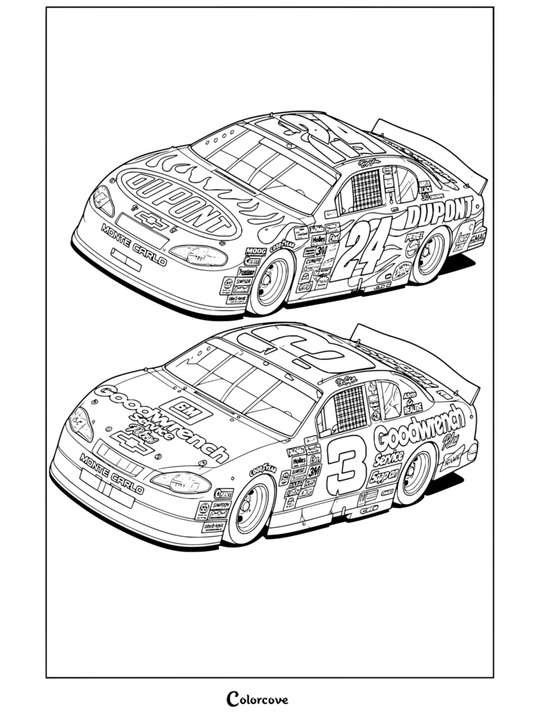 Dibujo para colorear imprimible gratis de NASCAR con el Chevrolet Monte Carlo número 24 de DuPont de Jeff Gordon y el Chevrolet Monte Carlo número 3 de Goodwrench de Dale Earnhardt.