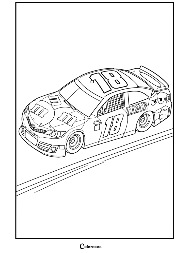 Dibujo para colorear de un auto de NASCAR de M&M's Racing con el número 18 y el icónico diseño de M&M's.