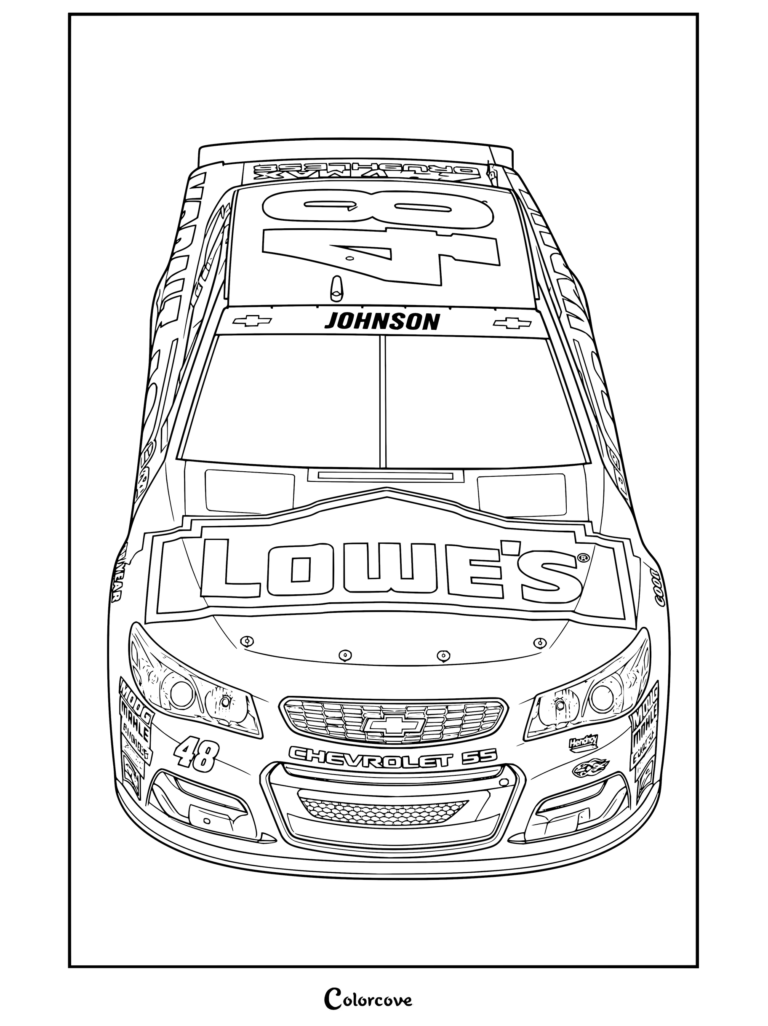 Dibujo para colorear con vista superior del auto de carreras de NASCAR Chevrolet SS número 48 de Lowe's de Jimmie Johnson.