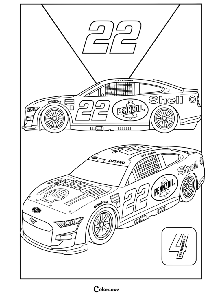 Dibujo para colorear del Ford Mustang Shell Pennzoil número 22 campeón de la NASCAR Cup Series de Joey Logano, mostrando vistas lateral y superior.