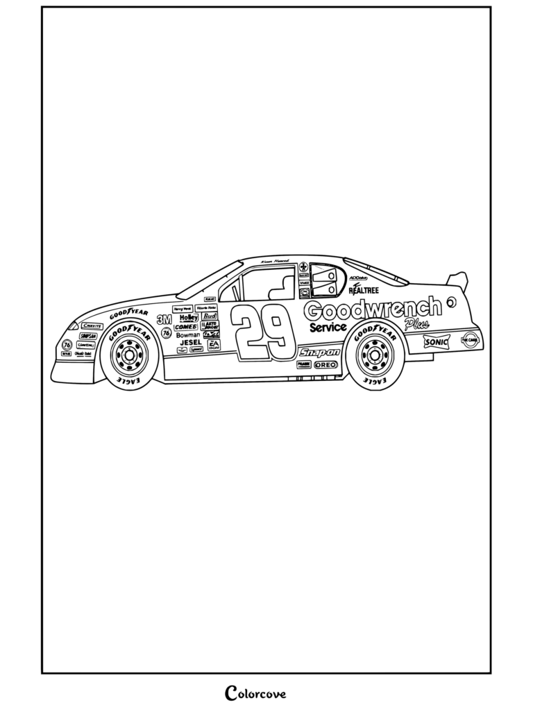 Dibujo para colorear imprimible del auto de carreras Goodwrench Chevrolet Monte Carlo de NASCAR de 2001 de Kevin Harvick.