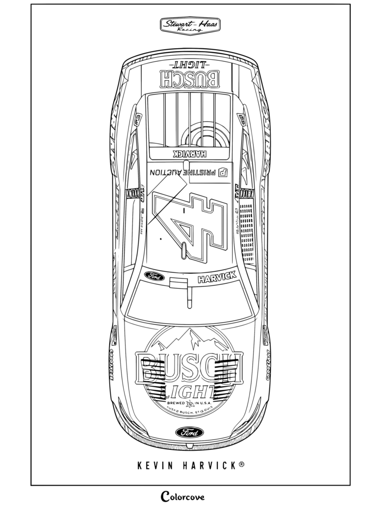 Dibujo para colorear con vista superior del Ford Mustang Busch Light de NASCAR de Kevin Harvick.