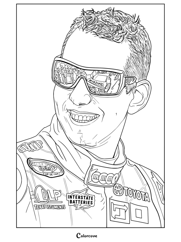 Detallado dibujo para colorear de NASCAR con Kyle Busch llevando un mono de carreras y gafas de sol con el reflejo de la pista.