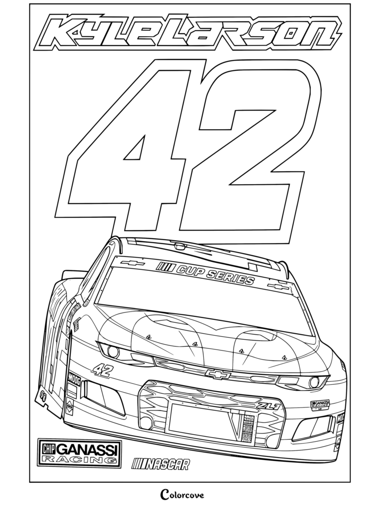 Dibujo para colorear de Kyle Larson en la NASCAR Cup Series con el número 42 que representa un detallado auto de carreras.