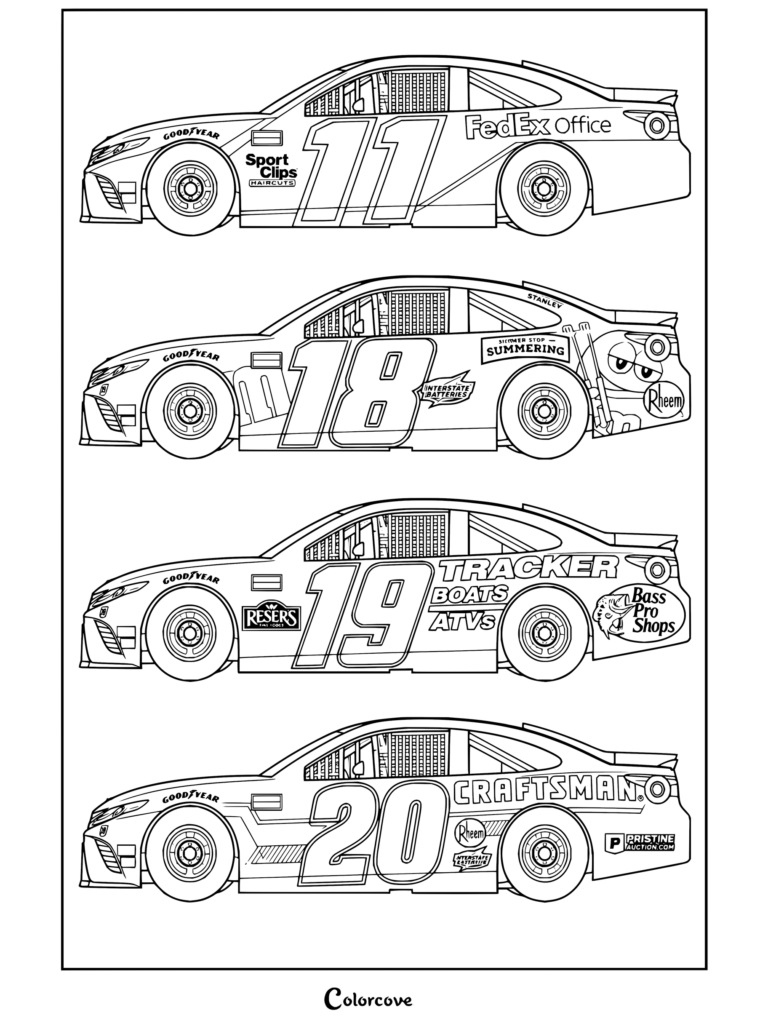 Dibujo para colorear imprimible de NASCAR con cuatro detallados autos de carreras de la Cup Series de Joe Gibbs Racing vistos de arriba a abajo.
