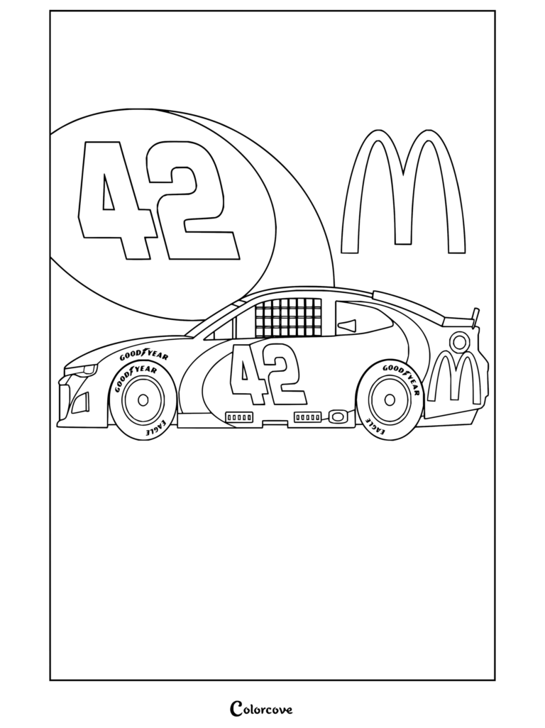 Dibujo para colorear de NASCAR del auto de carreras número 42 de McDonald's que presenta el icónico vehículo con el logotipo de los arcos.